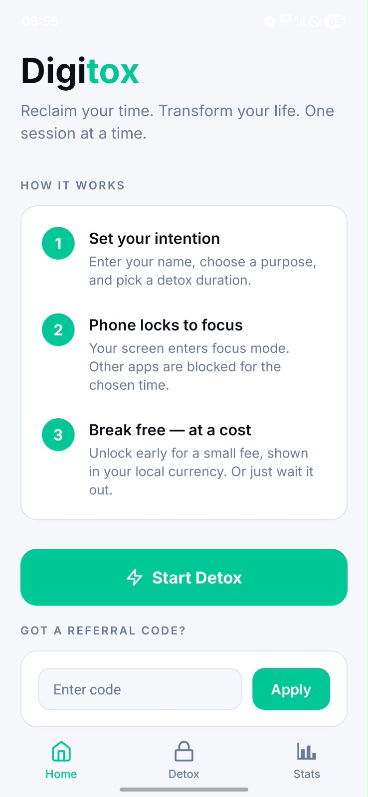 Digitox home screen showing how it works and the Start Detox button